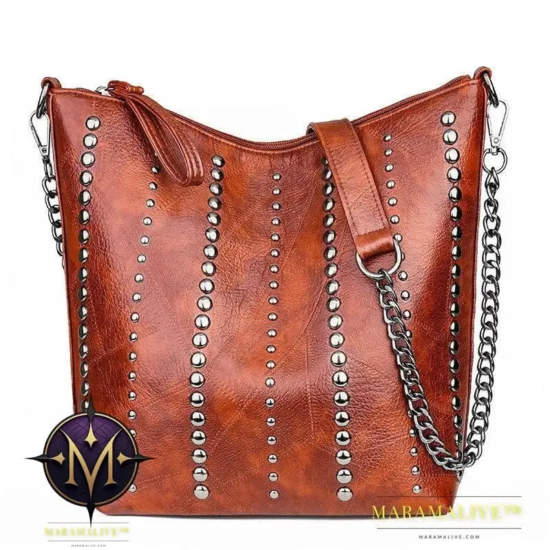 Soft Leather Studded Large Capacity Shoulder Crossbody Bag