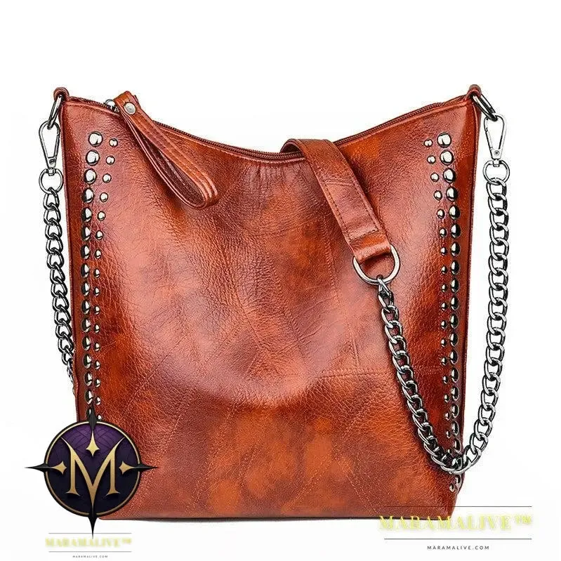 Soft Leather Studded Large Capacity Shoulder Crossbody Bag