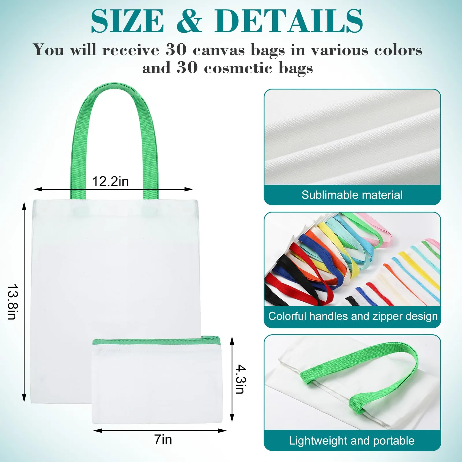 Sweetude 60 Pack Sublimation Canvas Tote bags Cosmetic Bags Bulk Reusable Blank Grocery Bags Printing Heat Transfer Makeup Bags Shopping Bags for DIY Craft Valentine Wedding Gift