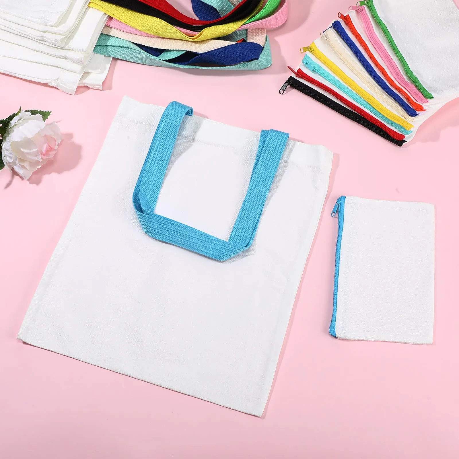 Sweetude 60 Pack Sublimation Canvas Tote bags Cosmetic Bags Bulk Reusable Blank Grocery Bags Printing Heat Transfer Makeup Bags Shopping Bags for DIY Craft Valentine Wedding Gift