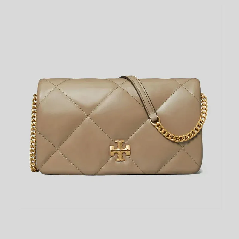 TORY BURCH Kira Diamond Quilt Chain Wallet Taupe Oak RB-158624