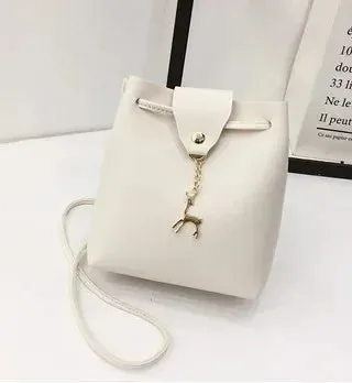 Vintage Deer Tassel Crossbody Bucket Bag PU Leather Luxury Female Shoulder Drawstring Bag Solid Fawn Crossbody Messenger Handbag