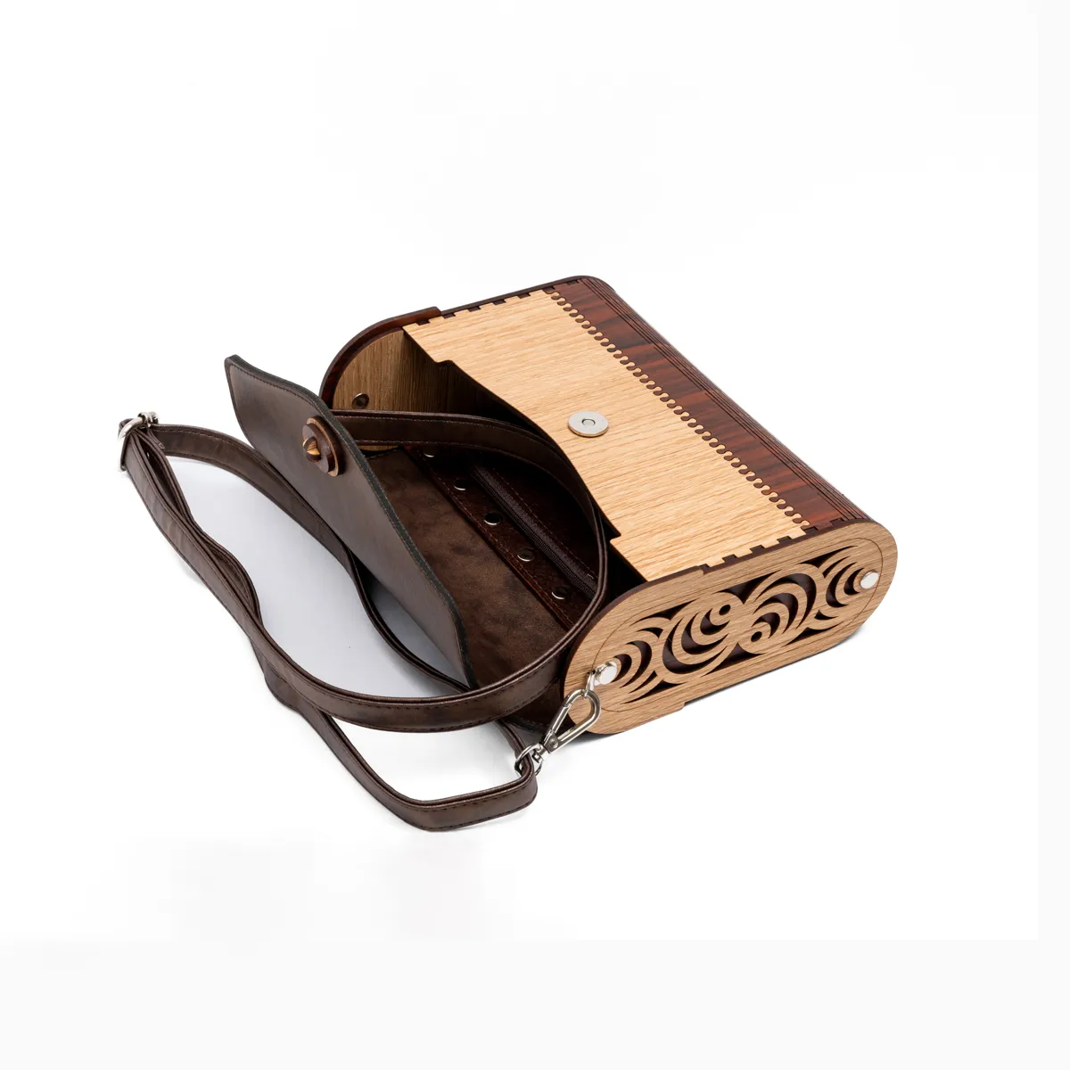 Wooden Rectangle Slim Bag with vegan Leather Flap