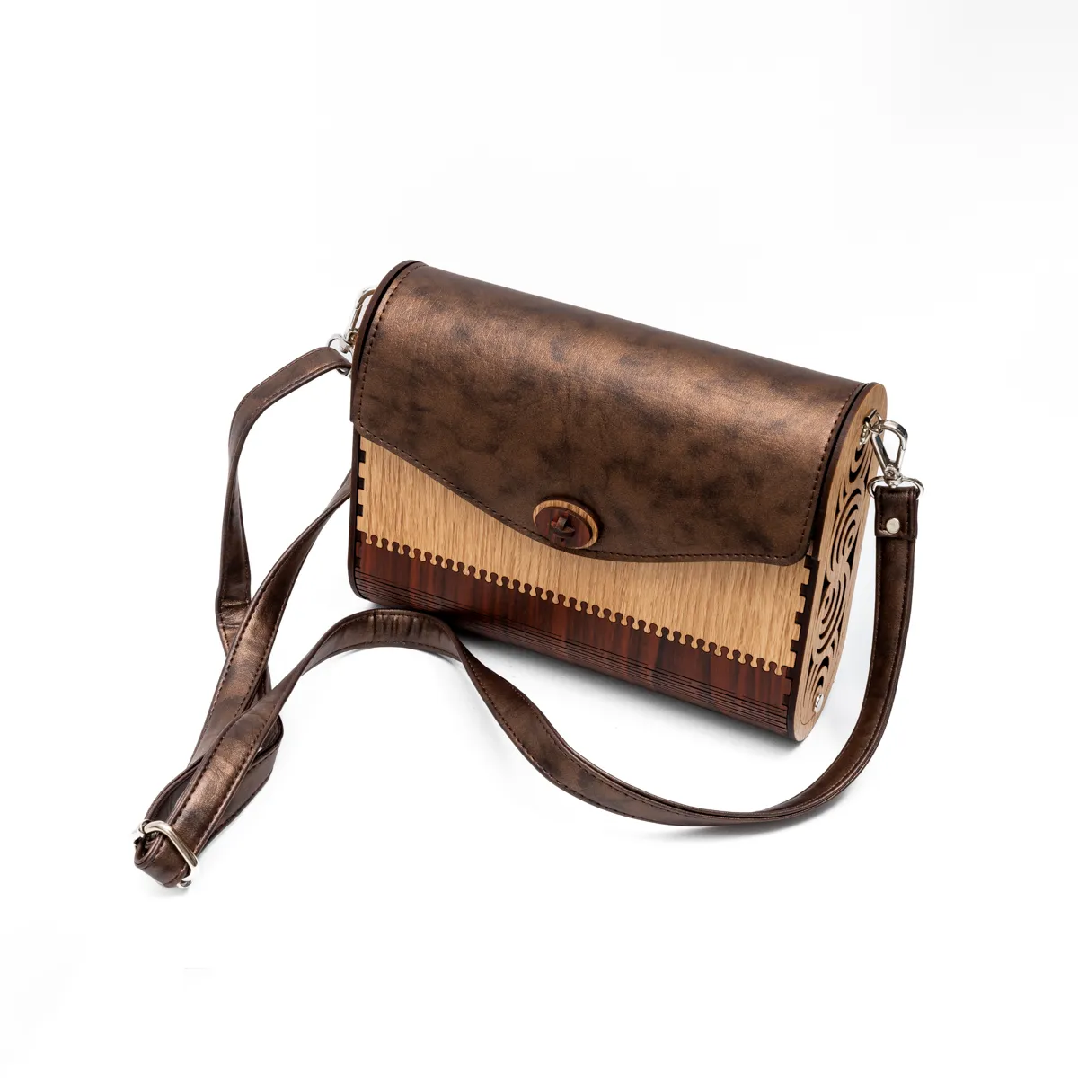 Wooden Rectangle Slim Bag with vegan Leather Flap
