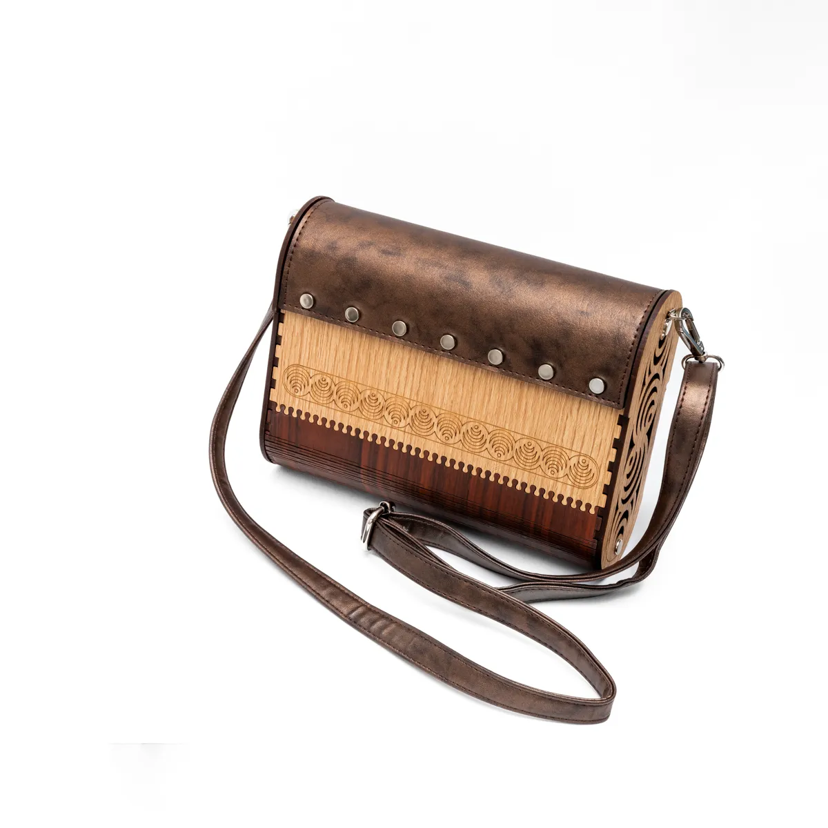 Wooden Rectangle Slim Bag with vegan Leather Flap